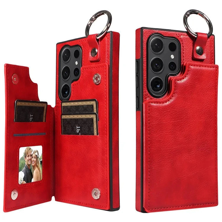 003 For Samsung Galaxy S24 Ultra Case Card Slots Leather Phone Cover Double Magnetic Clasp, Ring Buckle