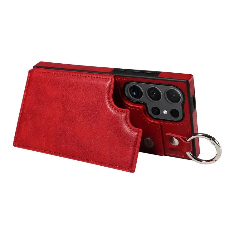 003 For Samsung Galaxy S24 Ultra Case Card Slots Leather Phone Cover Double Magnetic Clasp, Ring Buckle