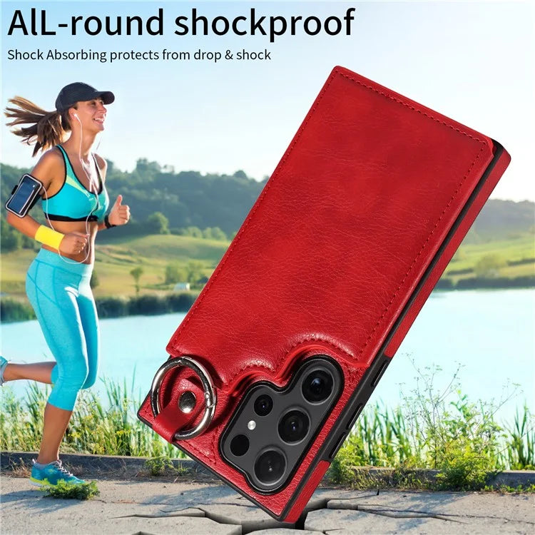 003 For Samsung Galaxy S24 Ultra Case Card Slots Leather Phone Cover Double Magnetic Clasp, Ring Buckle