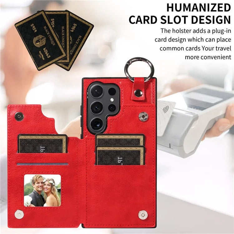 003 For Samsung Galaxy S24 Ultra Case Card Slots Leather Phone Cover Double Magnetic Clasp, Ring Buckle