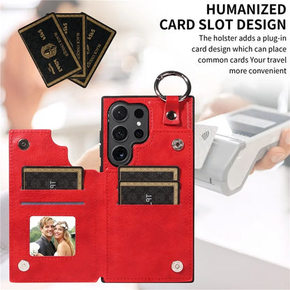 003 For Samsung Galaxy S24 Ultra Case Card Slots Leather Phone Cover Double Magnetic Clasp, Ring Buckle