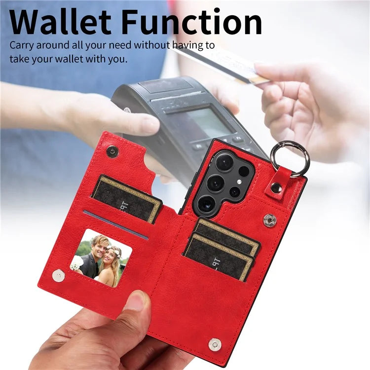003 For Samsung Galaxy S24 Ultra Case Card Slots Leather Phone Cover Double Magnetic Clasp, Ring Buckle