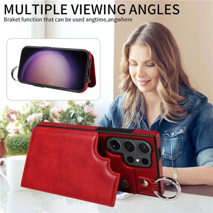 003 For Samsung Galaxy S24 Ultra Case Card Slots Leather Phone Cover Double Magnetic Clasp, Ring Buckle