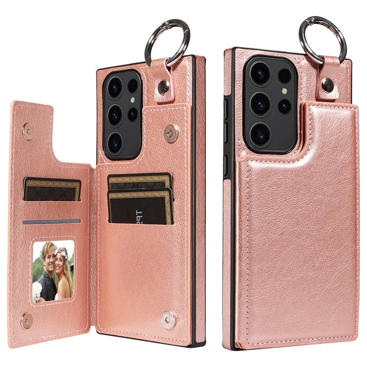 003 For Samsung Galaxy S23 Ultra Case Ring Buckle Card Holder Leather Phone Back Cover Litchi Texture