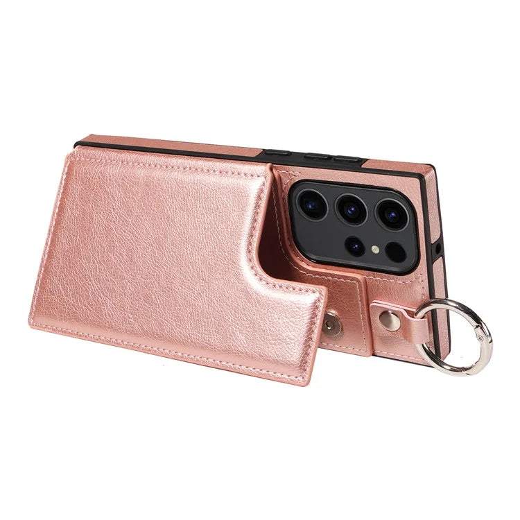 003 For Samsung Galaxy S23 Ultra Case Ring Buckle Card Holder Leather Phone Back Cover Litchi Texture