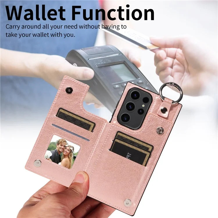 003 For Samsung Galaxy S23 Ultra Case Ring Buckle Card Holder Leather Phone Back Cover Litchi Texture