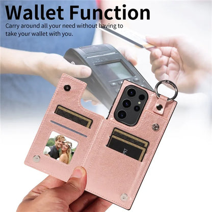 003 For Samsung Galaxy S23 Ultra Case Ring Buckle Card Holder Leather Phone Back Cover Litchi Texture