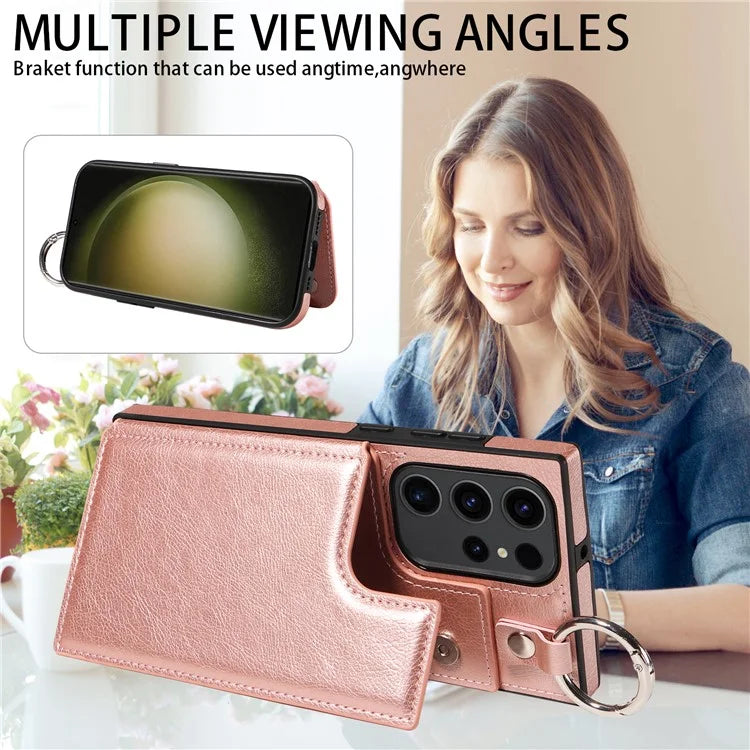 003 For Samsung Galaxy S23 Ultra Case Ring Buckle Card Holder Leather Phone Back Cover Litchi Texture