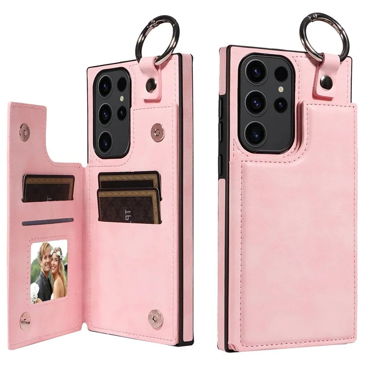 003 For Samsung Galaxy S23 Ultra Case Ring Buckle Card Holder Leather Phone Back Cover Litchi Texture