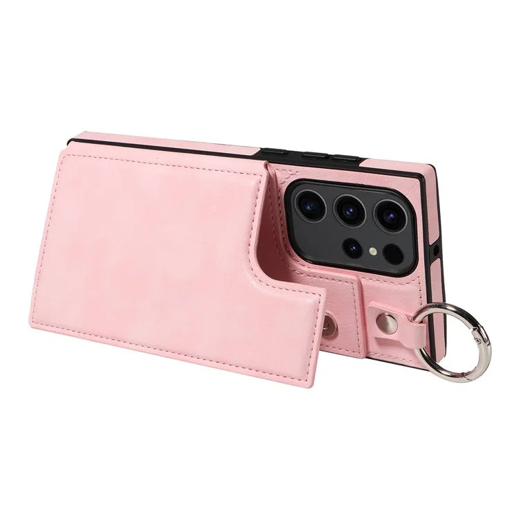 003 For Samsung Galaxy S23 Ultra Case Ring Buckle Card Holder Leather Phone Back Cover Litchi Texture