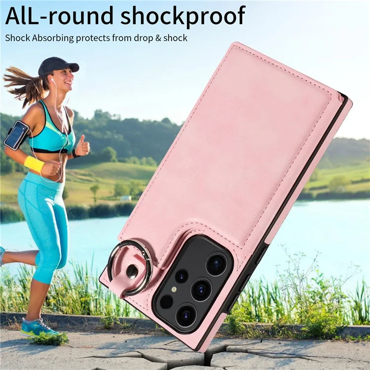 003 For Samsung Galaxy S23 Ultra Case Ring Buckle Card Holder Leather Phone Back Cover Litchi Texture