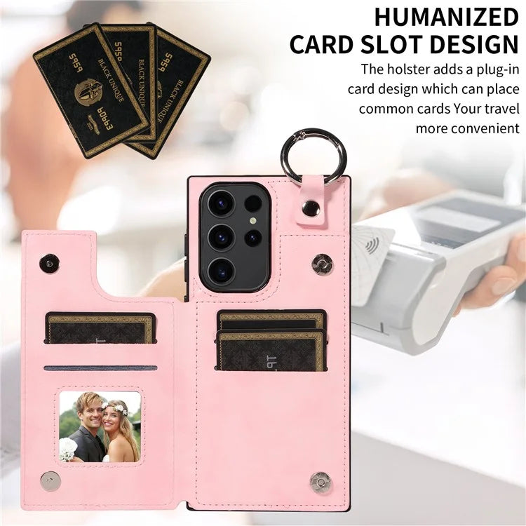 003 For Samsung Galaxy S23 Ultra Case Ring Buckle Card Holder Leather Phone Back Cover Litchi Texture