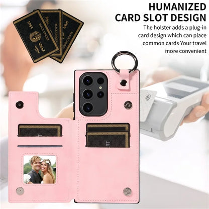 003 For Samsung Galaxy S23 Ultra Case Ring Buckle Card Holder Leather Phone Back Cover Litchi Texture