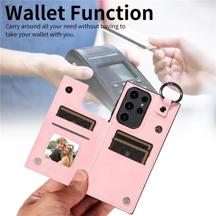 003 For Samsung Galaxy S23 Ultra Case Ring Buckle Card Holder Leather Phone Back Cover Litchi Texture