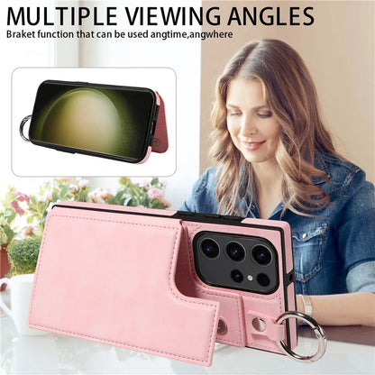 003 For Samsung Galaxy S23 Ultra Case Ring Buckle Card Holder Leather Phone Back Cover Litchi Texture