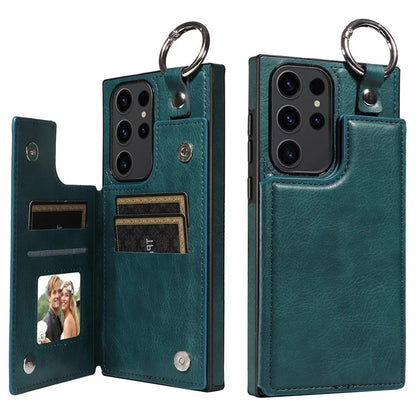 003 For Samsung Galaxy S23 Ultra Case Ring Buckle Card Holder Leather Phone Back Cover Litchi Texture