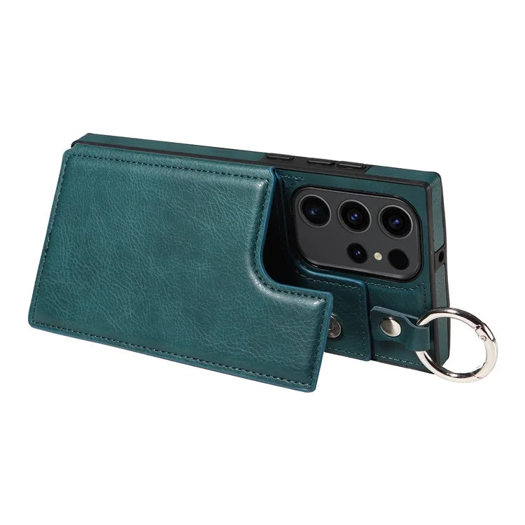 003 For Samsung Galaxy S23 Ultra Case Ring Buckle Card Holder Leather Phone Back Cover Litchi Texture