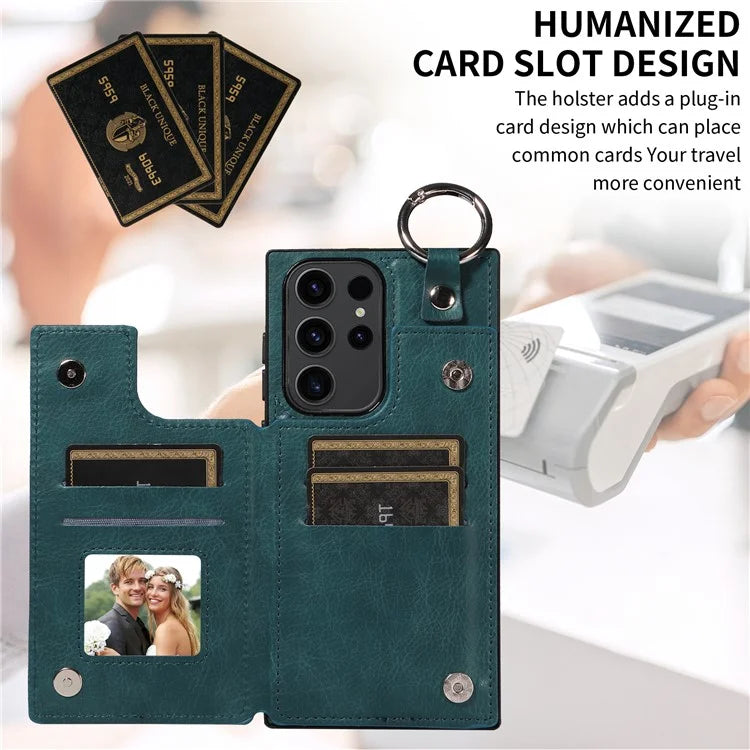 003 For Samsung Galaxy S23 Ultra Case Ring Buckle Card Holder Leather Phone Back Cover Litchi Texture