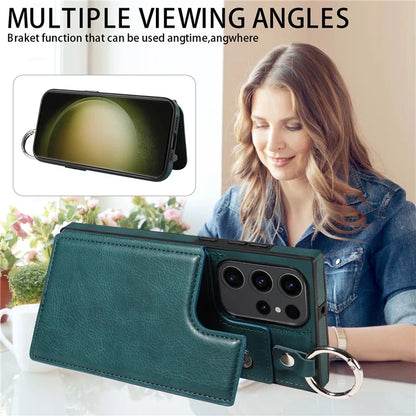 003 For Samsung Galaxy S23 Ultra Case Ring Buckle Card Holder Leather Phone Back Cover Litchi Texture