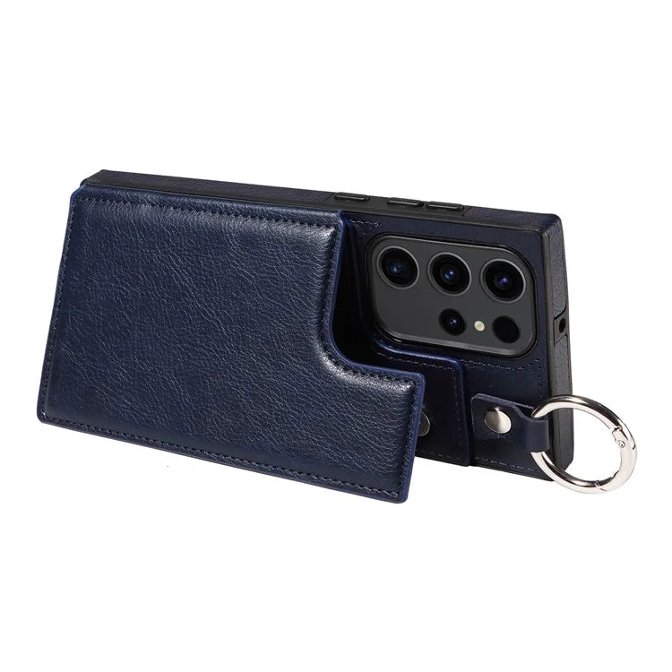 003 For Samsung Galaxy S23 Ultra Case Ring Buckle Card Holder Leather Phone Back Cover Litchi Texture