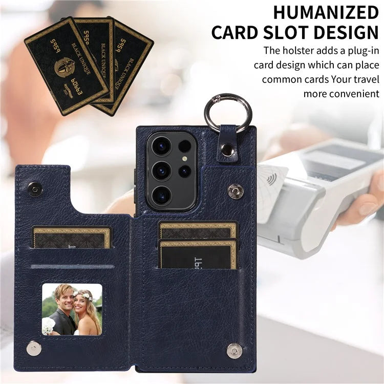 003 For Samsung Galaxy S23 Ultra Case Ring Buckle Card Holder Leather Phone Back Cover Litchi Texture