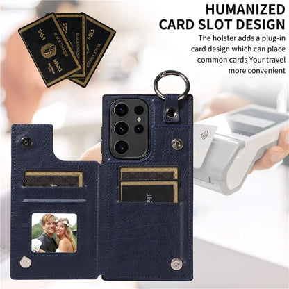 003 For Samsung Galaxy S23 Ultra Case Ring Buckle Card Holder Leather Phone Back Cover Litchi Texture