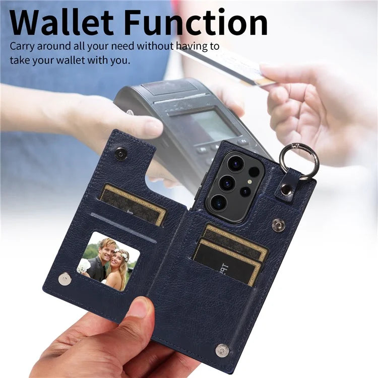 003 For Samsung Galaxy S23 Ultra Case Ring Buckle Card Holder Leather Phone Back Cover Litchi Texture