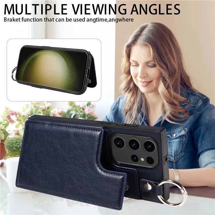 003 For Samsung Galaxy S23 Ultra Case Ring Buckle Card Holder Leather Phone Back Cover Litchi Texture