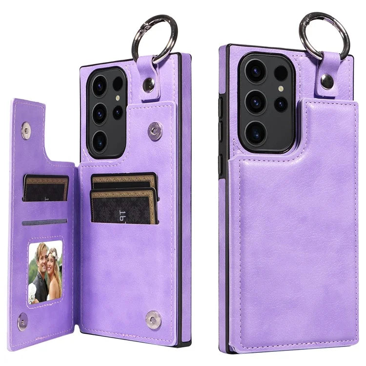 003 For Samsung Galaxy S23 Ultra Case Ring Buckle Card Holder Leather Phone Back Cover Litchi Texture