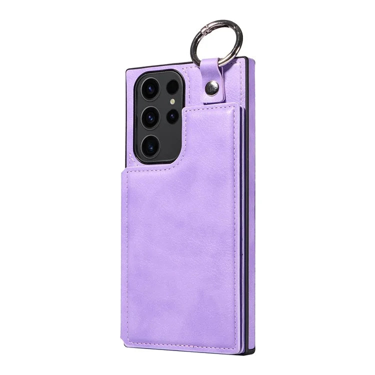 003 For Samsung Galaxy S23 Ultra Case Ring Buckle Card Holder Leather Phone Back Cover Litchi Texture