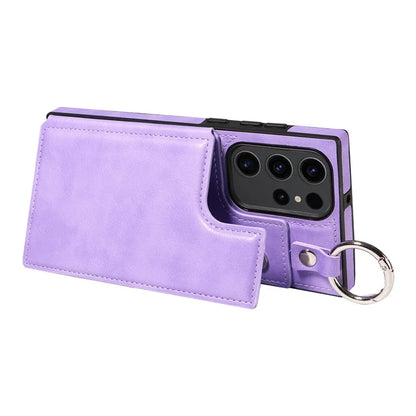 003 For Samsung Galaxy S23 Ultra Case Ring Buckle Card Holder Leather Phone Back Cover Litchi Texture