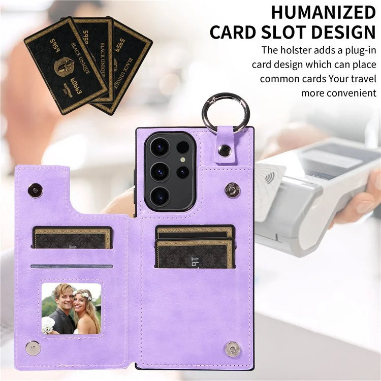 003 For Samsung Galaxy S23 Ultra Case Ring Buckle Card Holder Leather Phone Back Cover Litchi Texture