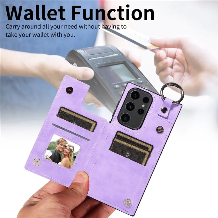 003 For Samsung Galaxy S23 Ultra Case Ring Buckle Card Holder Leather Phone Back Cover Litchi Texture