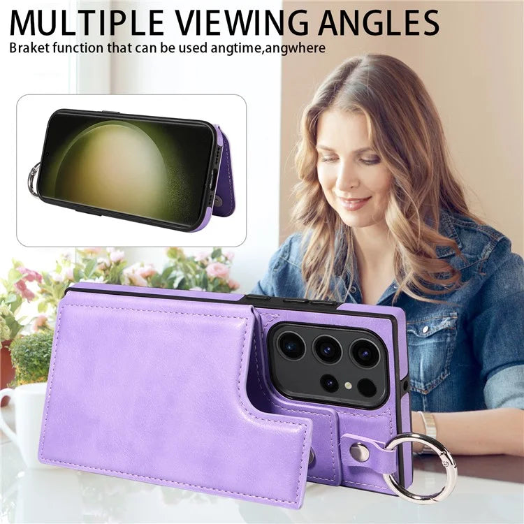 003 For Samsung Galaxy S23 Ultra Case Ring Buckle Card Holder Leather Phone Back Cover Litchi Texture