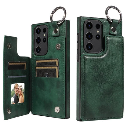 003 For Samsung Galaxy S23 Ultra Case Ring Buckle Card Holder Leather Phone Back Cover Litchi Texture