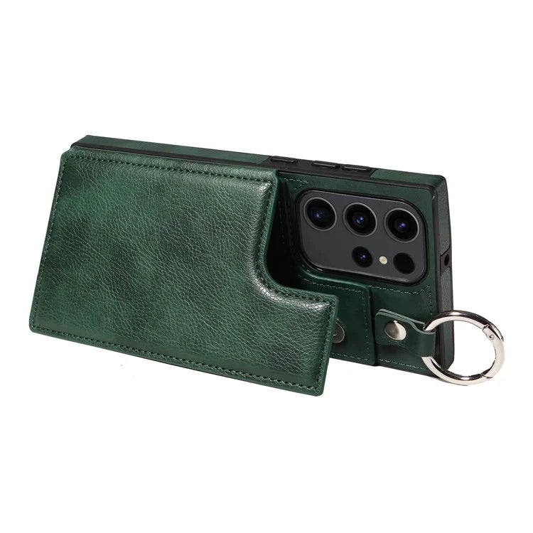 003 For Samsung Galaxy S23 Ultra Case Ring Buckle Card Holder Leather Phone Back Cover Litchi Texture