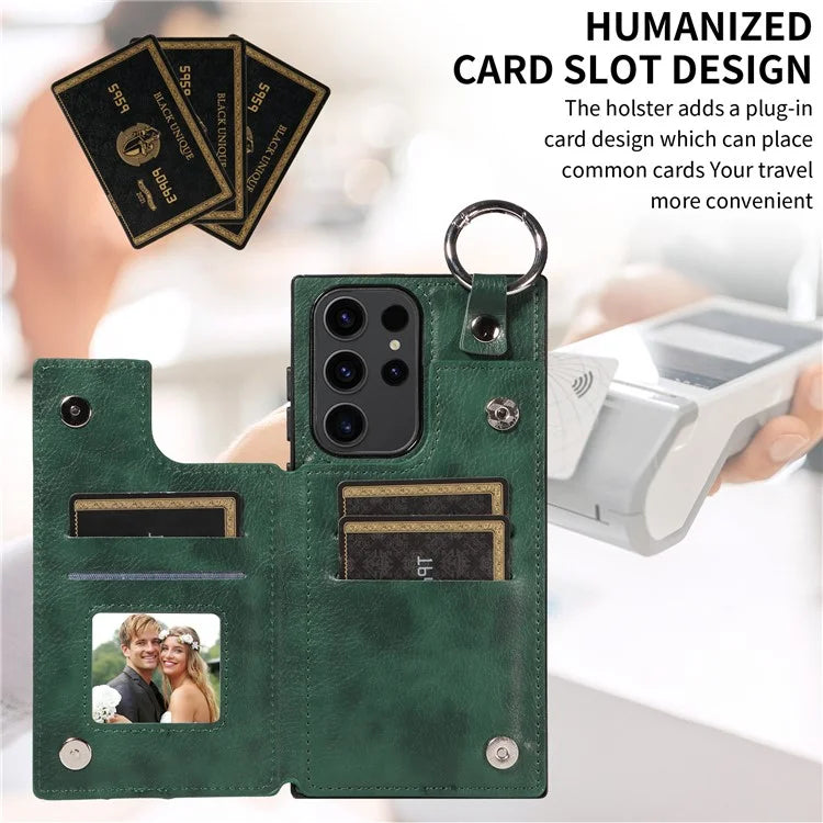 003 For Samsung Galaxy S23 Ultra Case Ring Buckle Card Holder Leather Phone Back Cover Litchi Texture