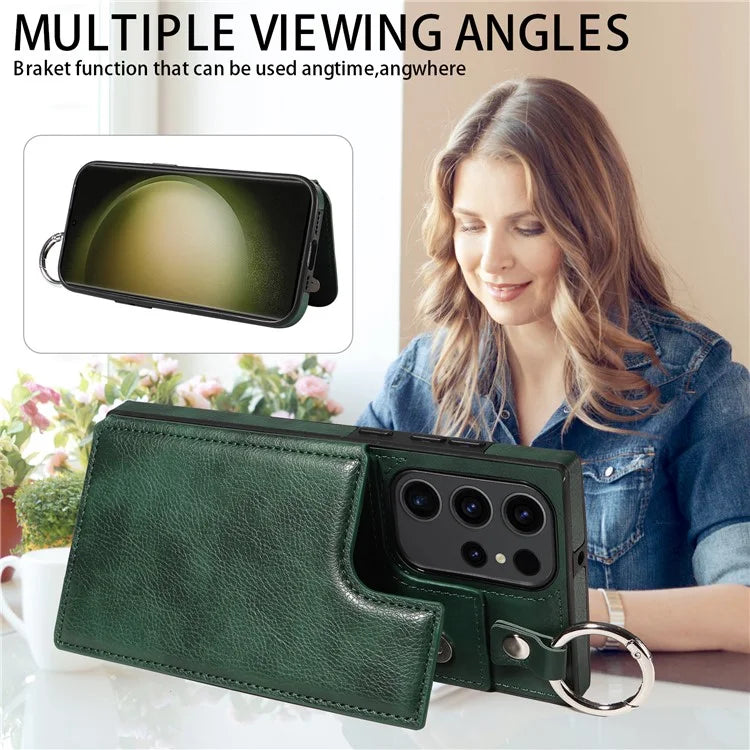 003 For Samsung Galaxy S23 Ultra Case Ring Buckle Card Holder Leather Phone Back Cover Litchi Texture