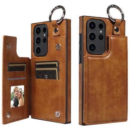 003 For Samsung Galaxy S23 Ultra Case Ring Buckle Card Holder Leather Phone Back Cover Litchi Texture