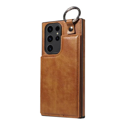 003 For Samsung Galaxy S23 Ultra Case Ring Buckle Card Holder Leather Phone Back Cover Litchi Texture