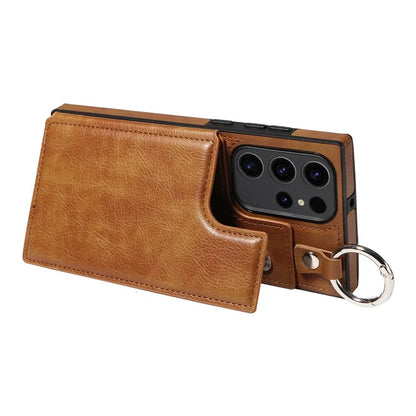 003 For Samsung Galaxy S23 Ultra Case Ring Buckle Card Holder Leather Phone Back Cover Litchi Texture