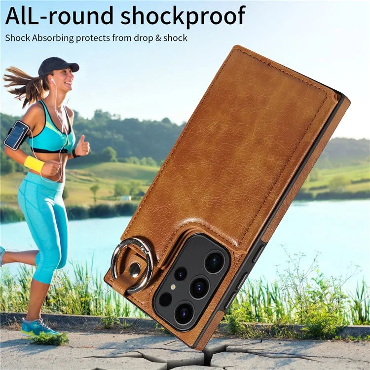 003 For Samsung Galaxy S23 Ultra Case Ring Buckle Card Holder Leather Phone Back Cover Litchi Texture