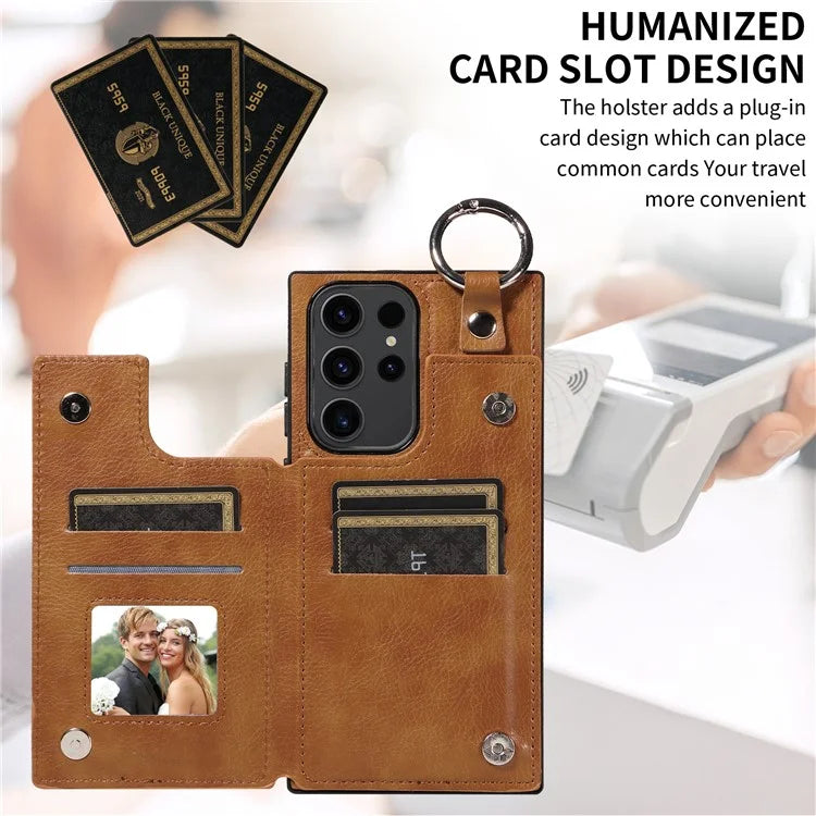 003 For Samsung Galaxy S23 Ultra Case Ring Buckle Card Holder Leather Phone Back Cover Litchi Texture