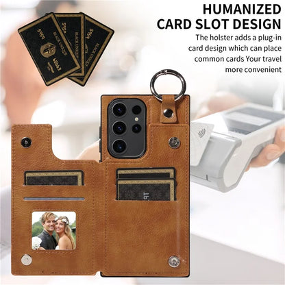 003 For Samsung Galaxy S23 Ultra Case Ring Buckle Card Holder Leather Phone Back Cover Litchi Texture