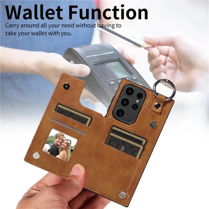 003 For Samsung Galaxy S23 Ultra Case Ring Buckle Card Holder Leather Phone Back Cover Litchi Texture
