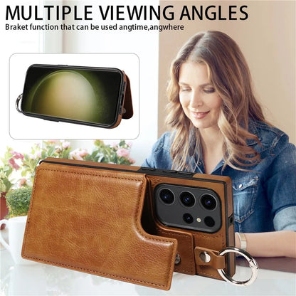 003 For Samsung Galaxy S23 Ultra Case Ring Buckle Card Holder Leather Phone Back Cover Litchi Texture