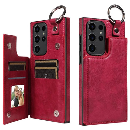 003 For Samsung Galaxy S23 Ultra Case Ring Buckle Card Holder Leather Phone Back Cover Litchi Texture