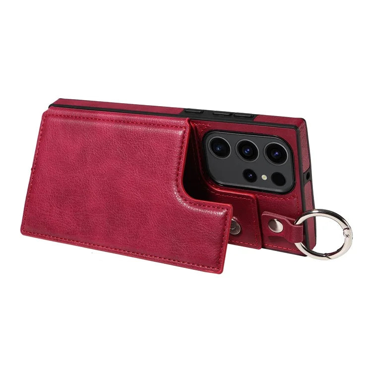 003 For Samsung Galaxy S23 Ultra Case Ring Buckle Card Holder Leather Phone Back Cover Litchi Texture