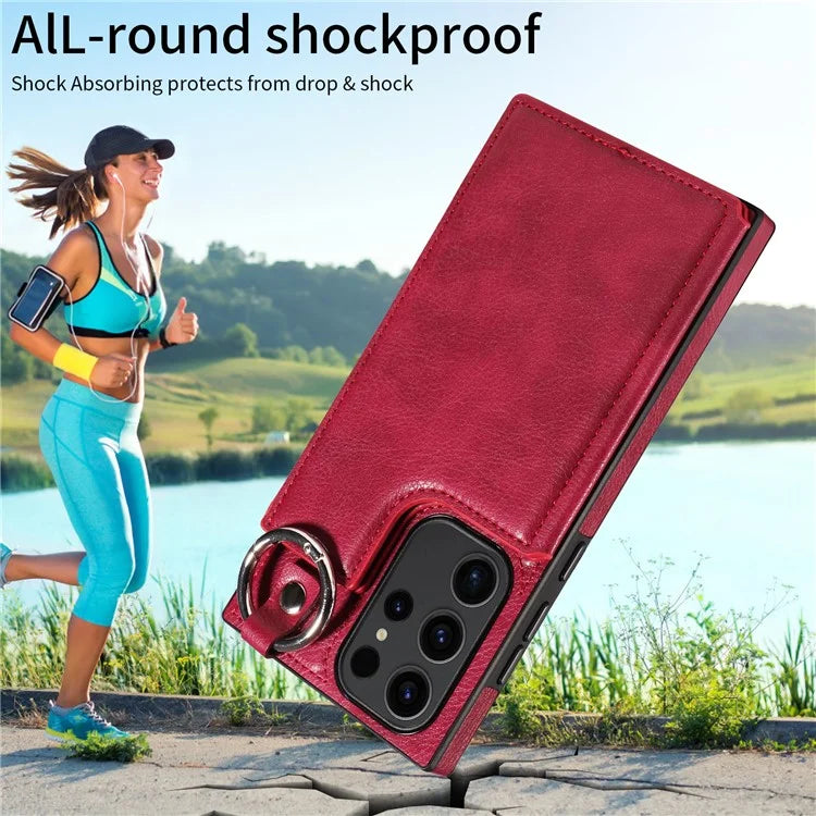 003 For Samsung Galaxy S23 Ultra Case Ring Buckle Card Holder Leather Phone Back Cover Litchi Texture