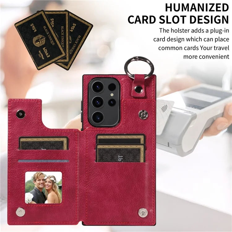 003 For Samsung Galaxy S23 Ultra Case Ring Buckle Card Holder Leather Phone Back Cover Litchi Texture